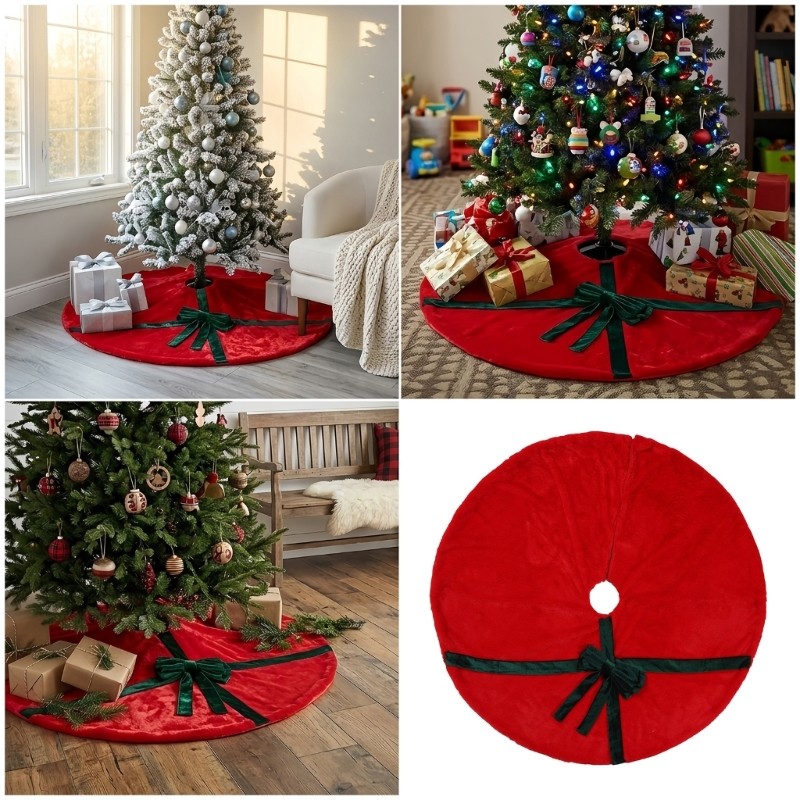 Soft Christmas Tree Skirt with Ribbon Trim for Indoor Holiday Display
