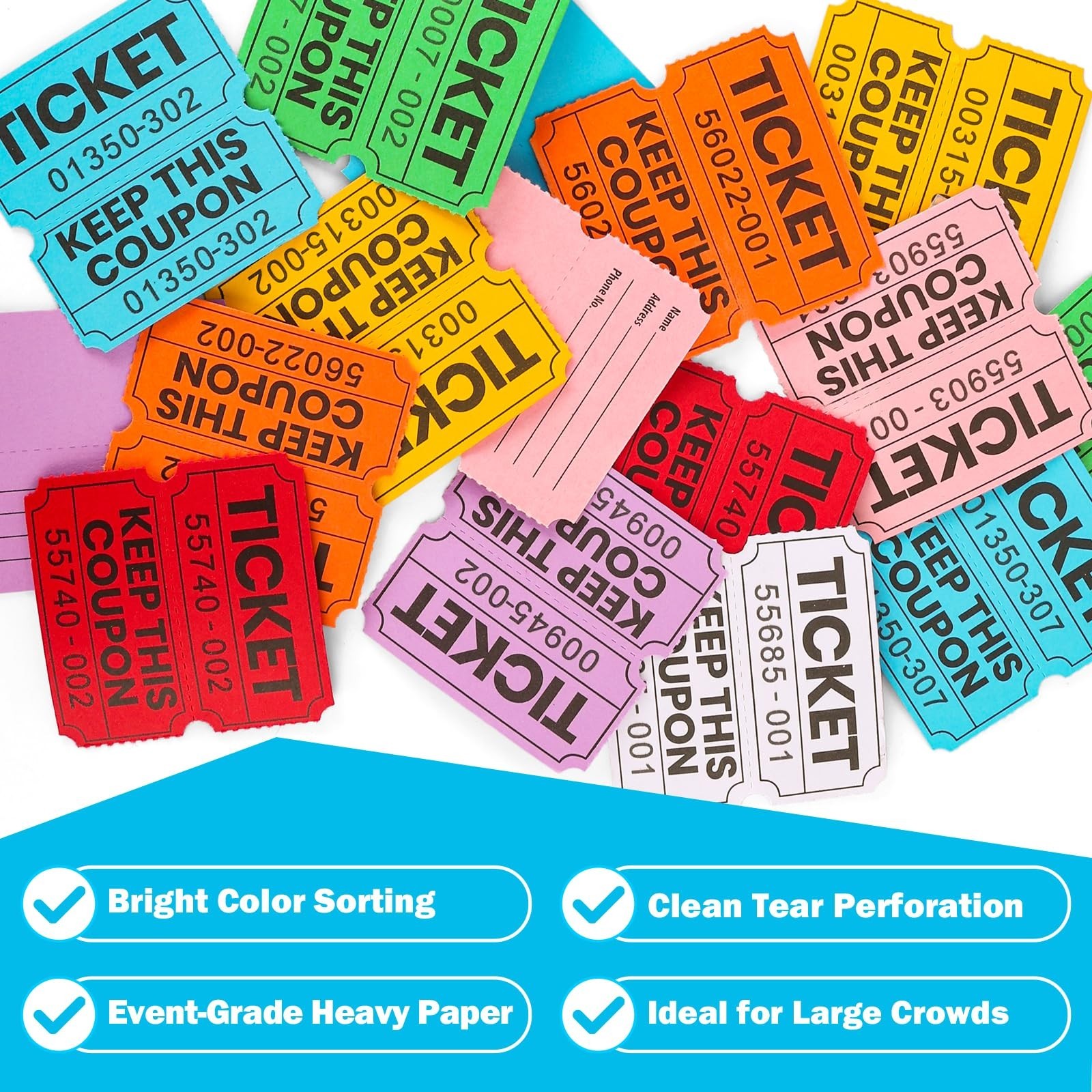 8000 Raffle Tickets – 50/50 Double Rolls, 8 Colors, 1000 Tickets Each for Events