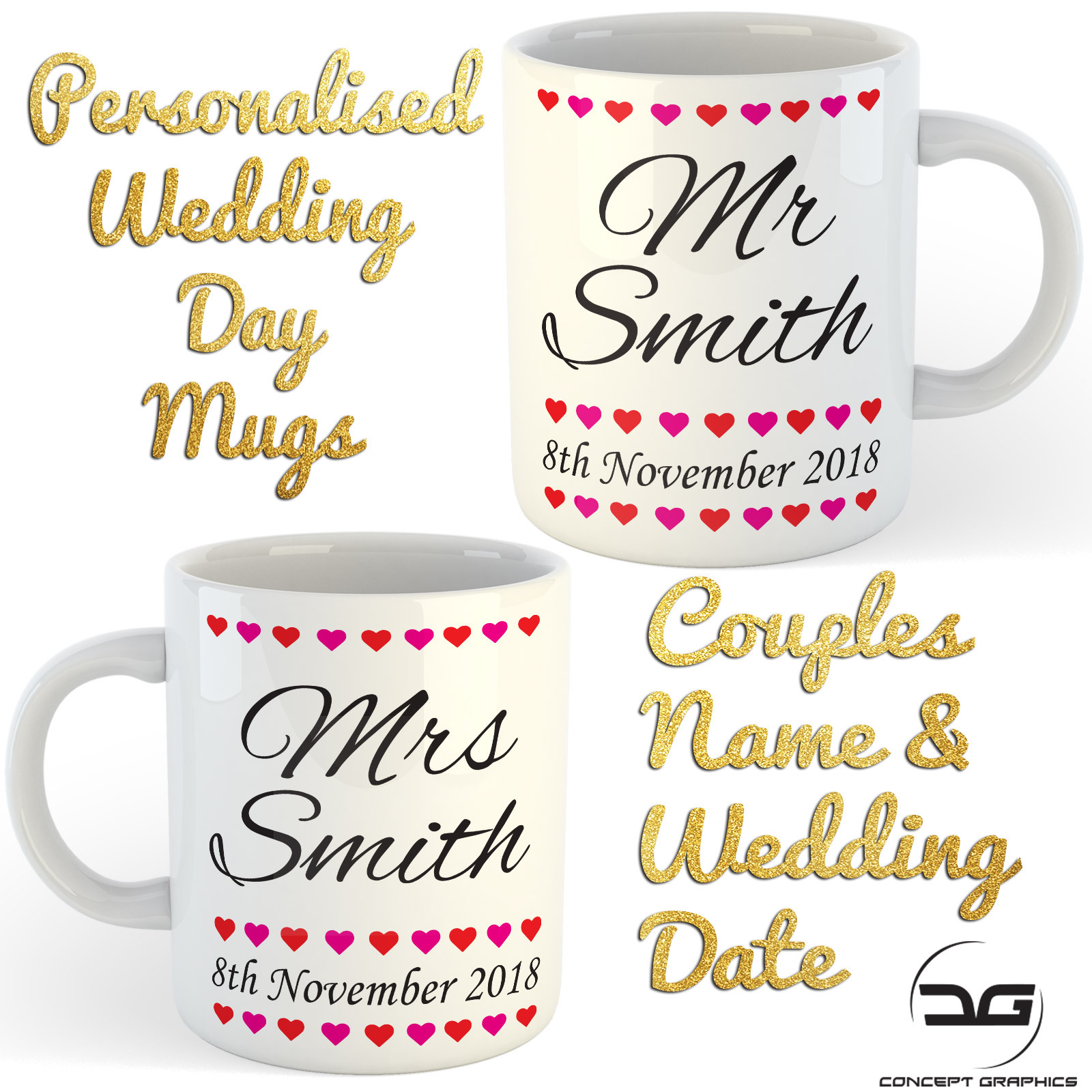 Set of 2 Personalised Custom Mr & Mrs Coffee Cup Mug Wedding Engagement Gift