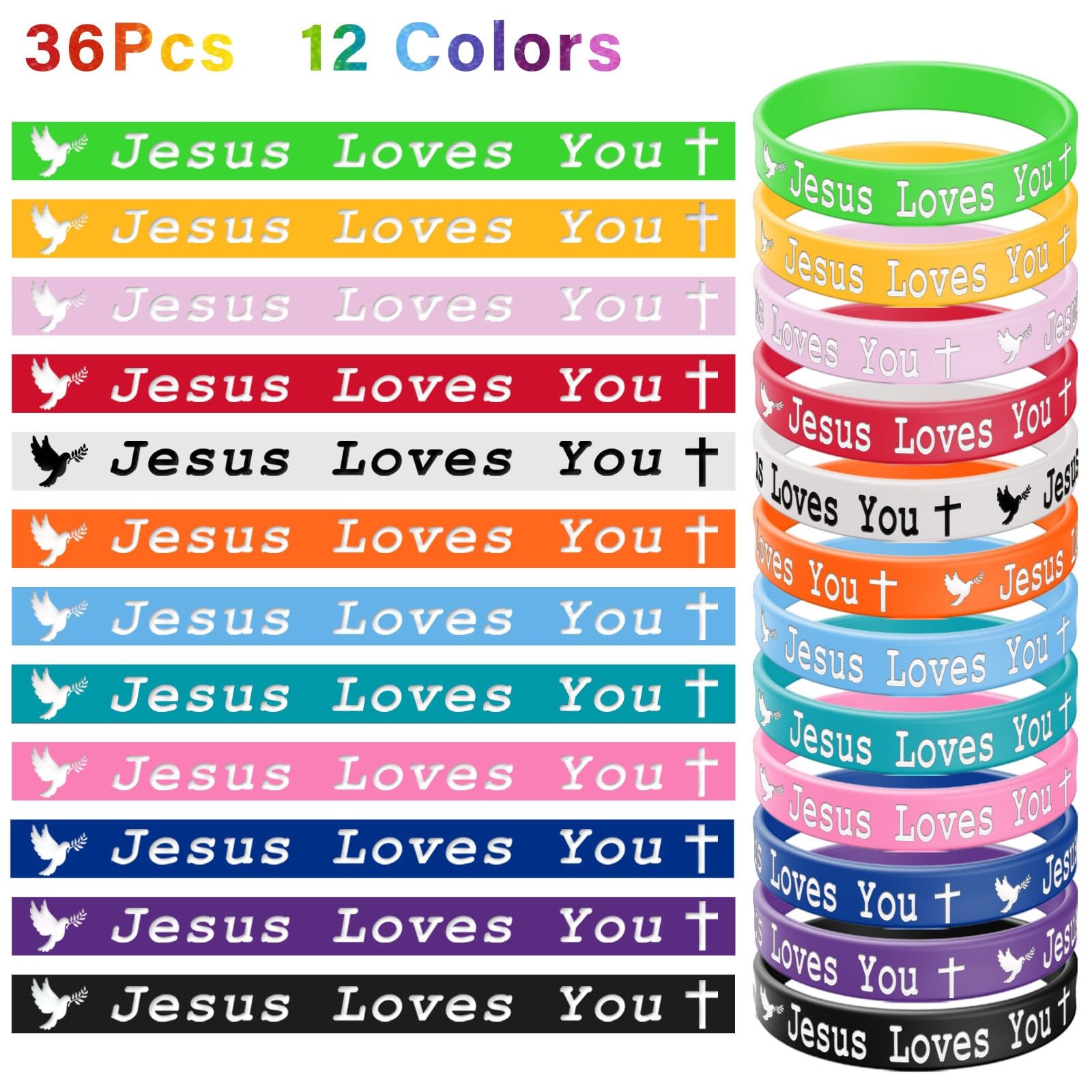 ZIQON 36 PCS Jesus Loves You Silicone Wristbands Colorful Medium,