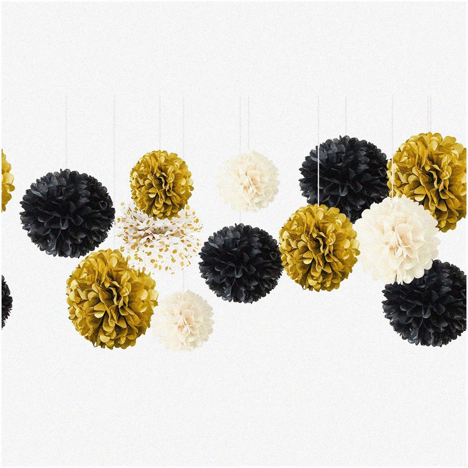 Black, Gold, and White Tissue Paper Pom Poms