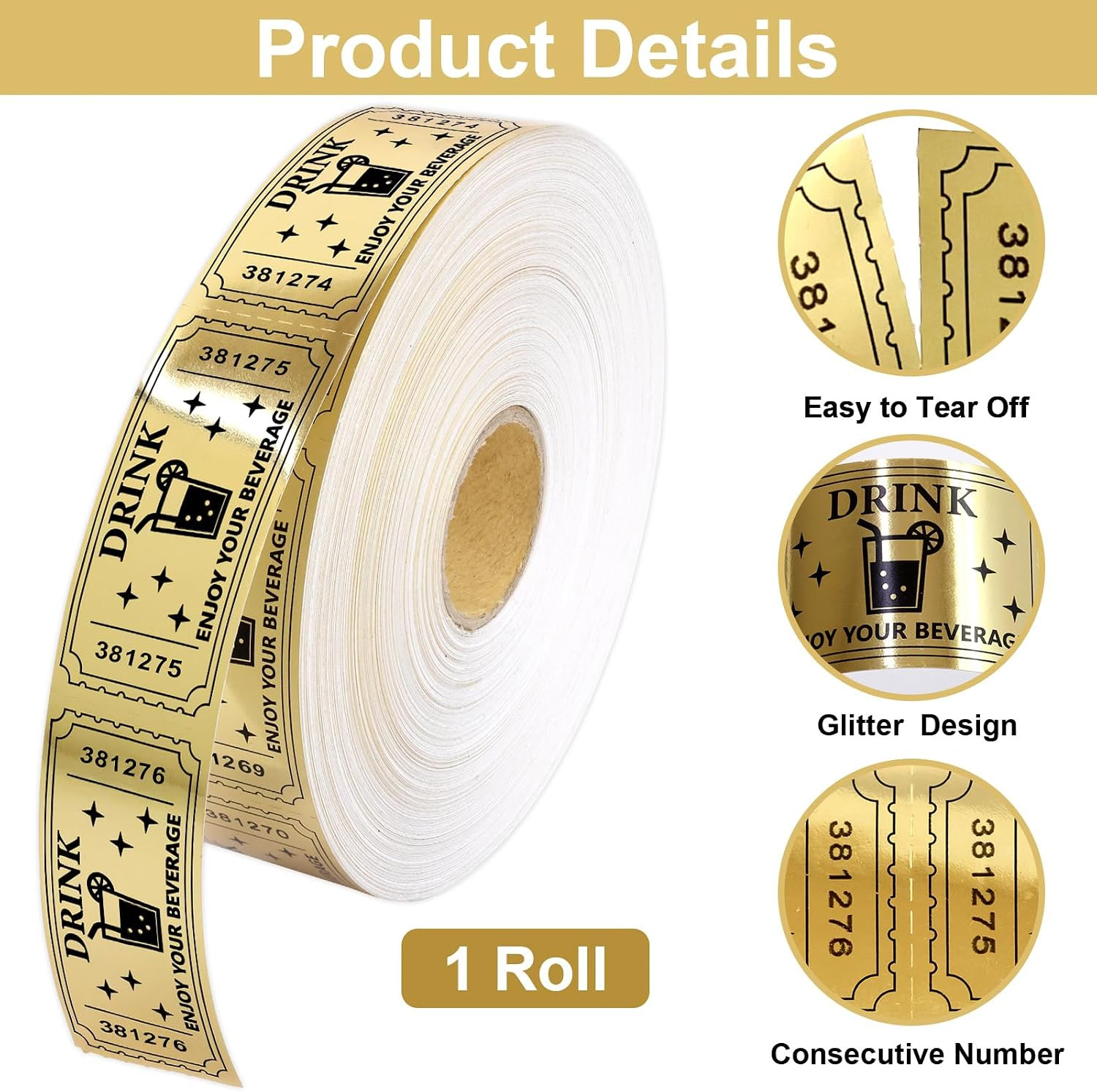 Ceiba Tree 1000Pcs Gold Raffle Tickets Roll Single Roll Drink Tickets for Events
