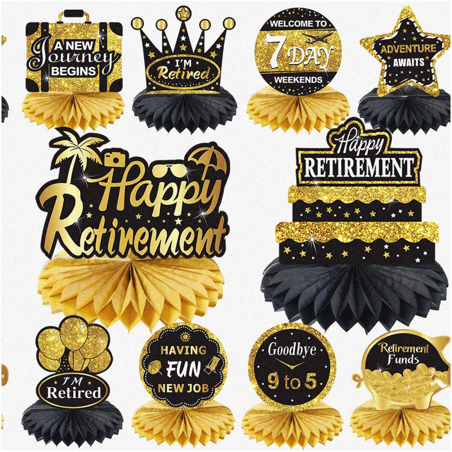 Black and Gold Honeycomb Centerpieces Set of 10