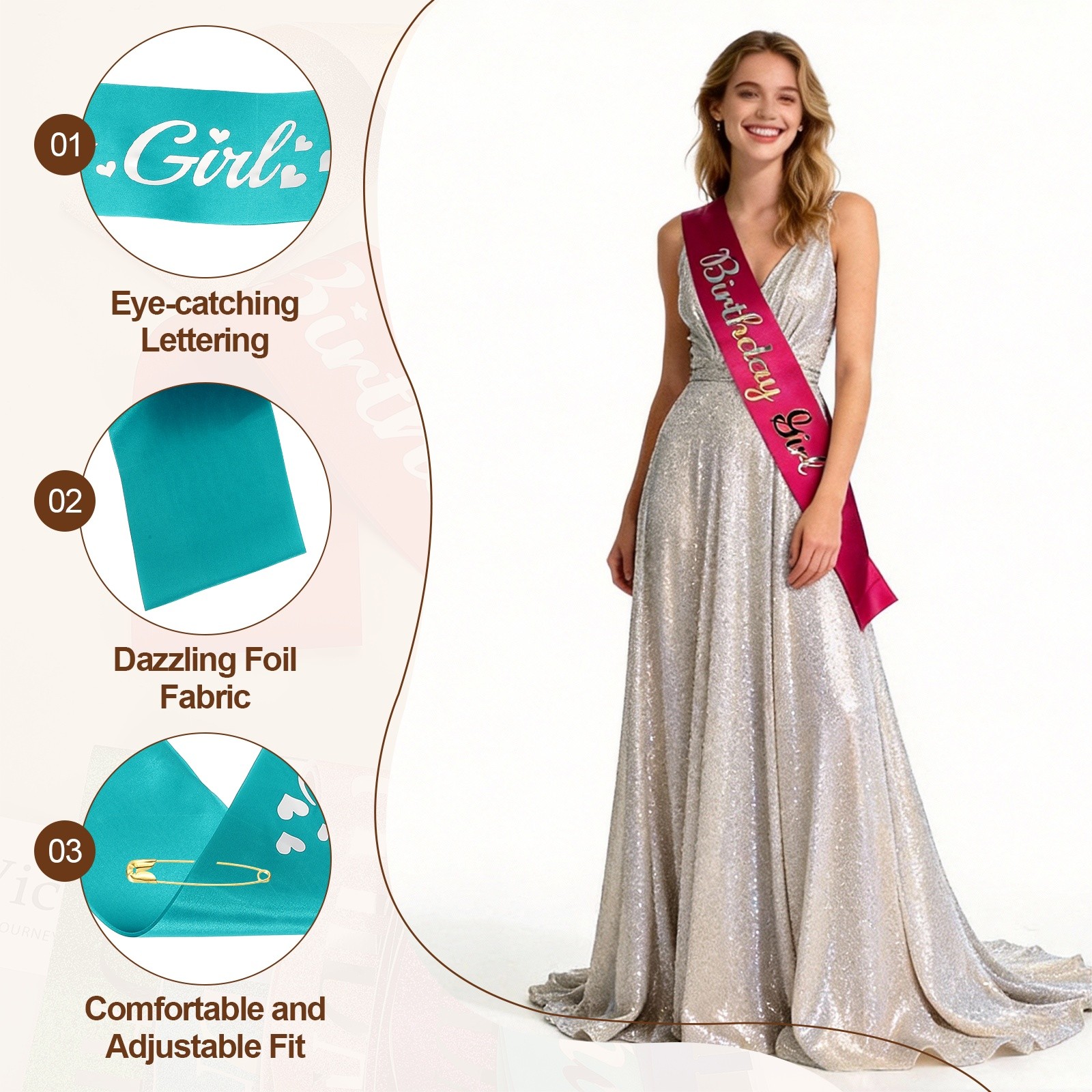 Birthday Girls Sash with Pin Silver Foil Lettering for Birthday Party, Turquoise