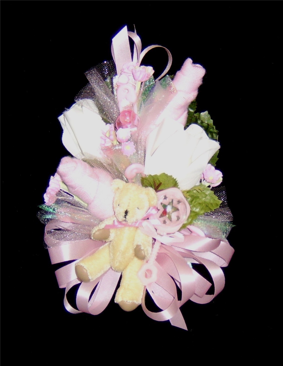 Baby Shower Corsage Baby Socks & Pink Ribbons & a Bear Handmade