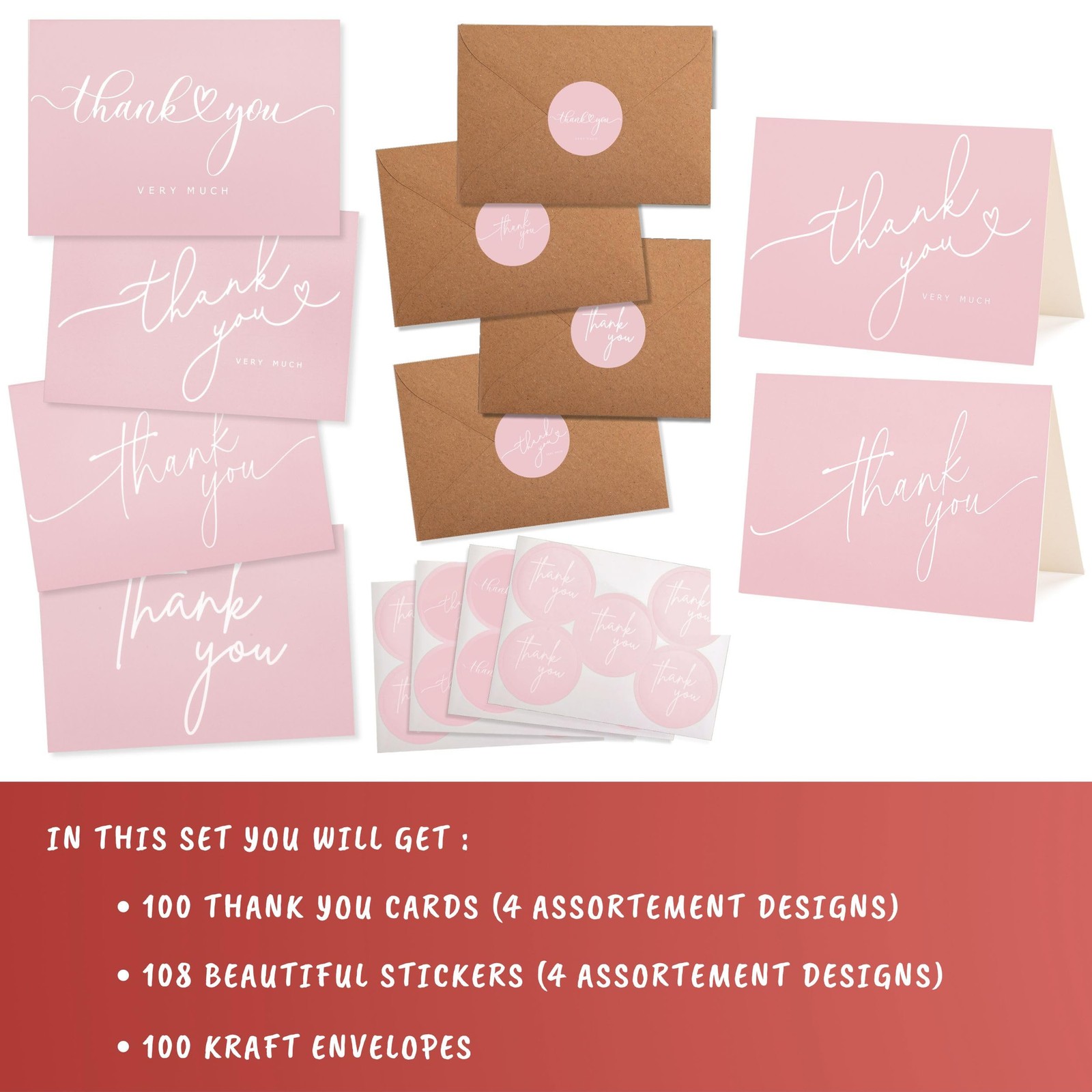 Layneria 100 Bulk Pink Thank You Cards 3.5 inches x 5 inches, and White