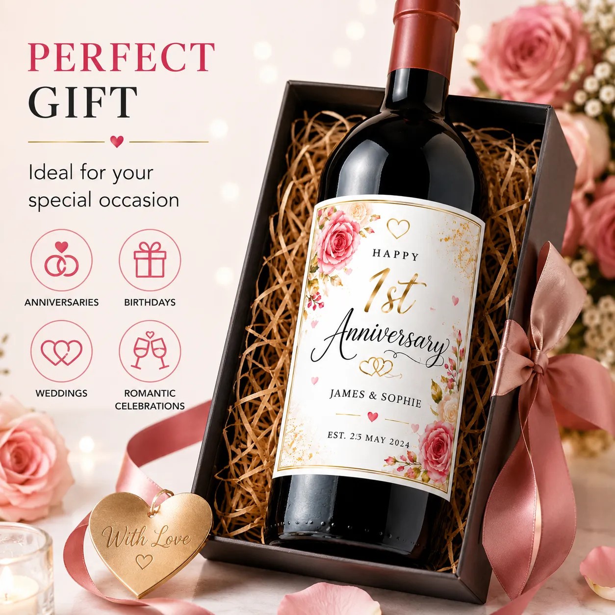 Personalised 1st Anniversary Bottle Label Sticker Custom Wedding Gift for Couple