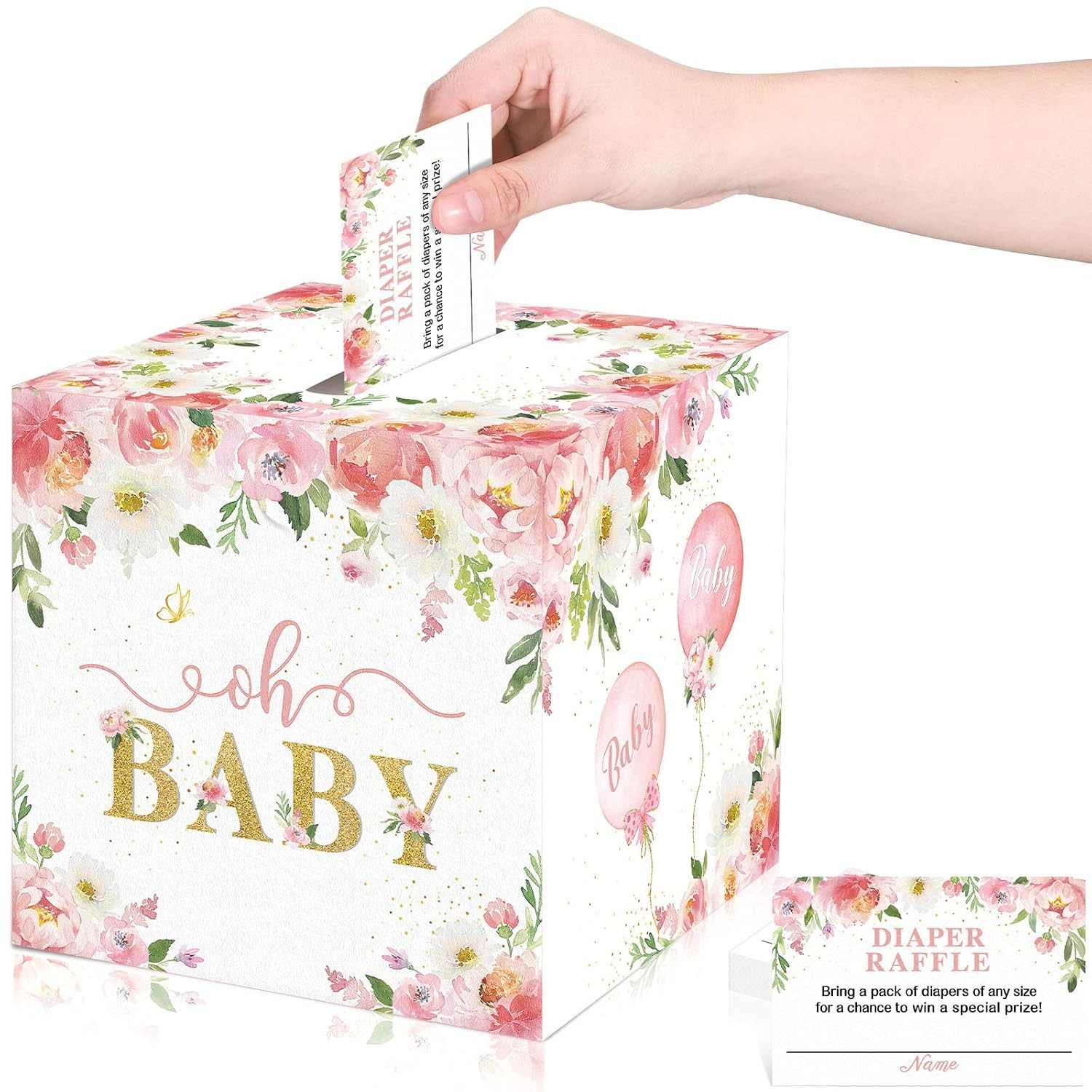 50 Pcs Floral Diaper Raffle Tickets with Diaper Raffle Card Box for Baby Shower