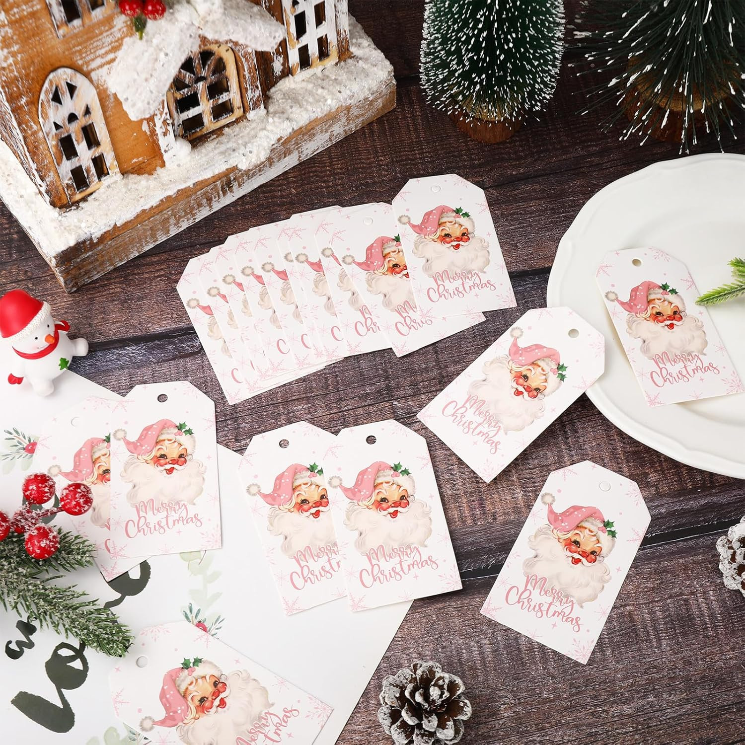 100Pcs Merry Christmas Paper Gift Tags Pink Santa Claus Snowflake Blank Hanging