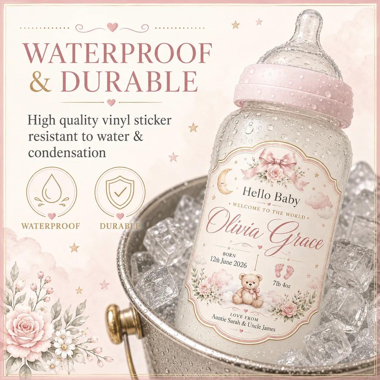 Personalised New Baby Bottle Label Sticker Custom Baby Girl Gift Keepsake