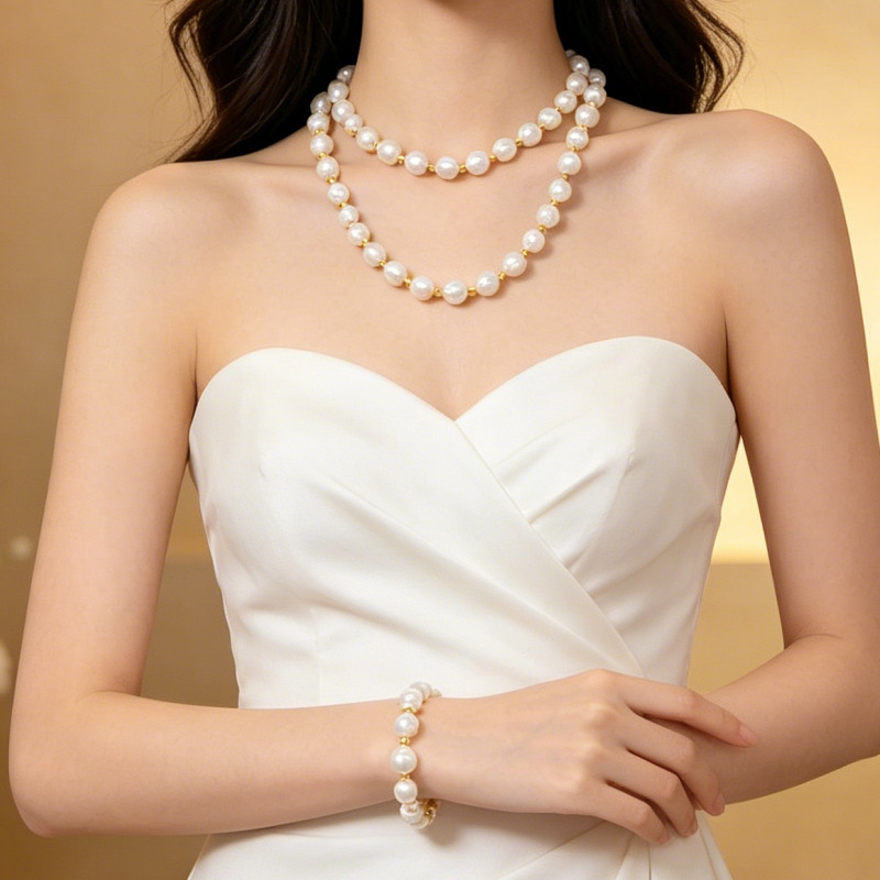 9-10mm White Natural Freshwater Pearl Necklace Bracelet Earring 18/7.5″ Gift