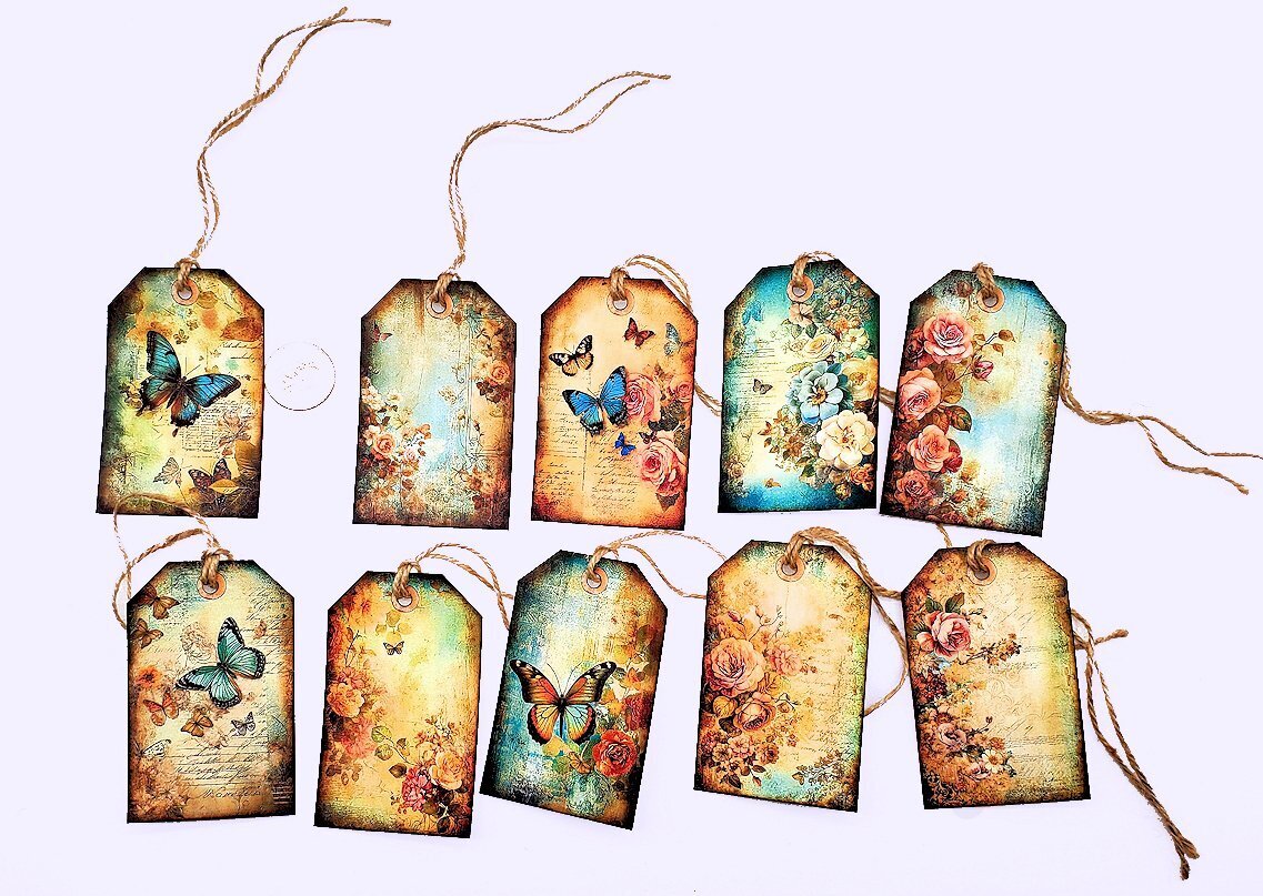 10-Vintage-Shabby-Floral-Flowers-Junk Journal-Blue-Linen Cardstock-Hang Tags