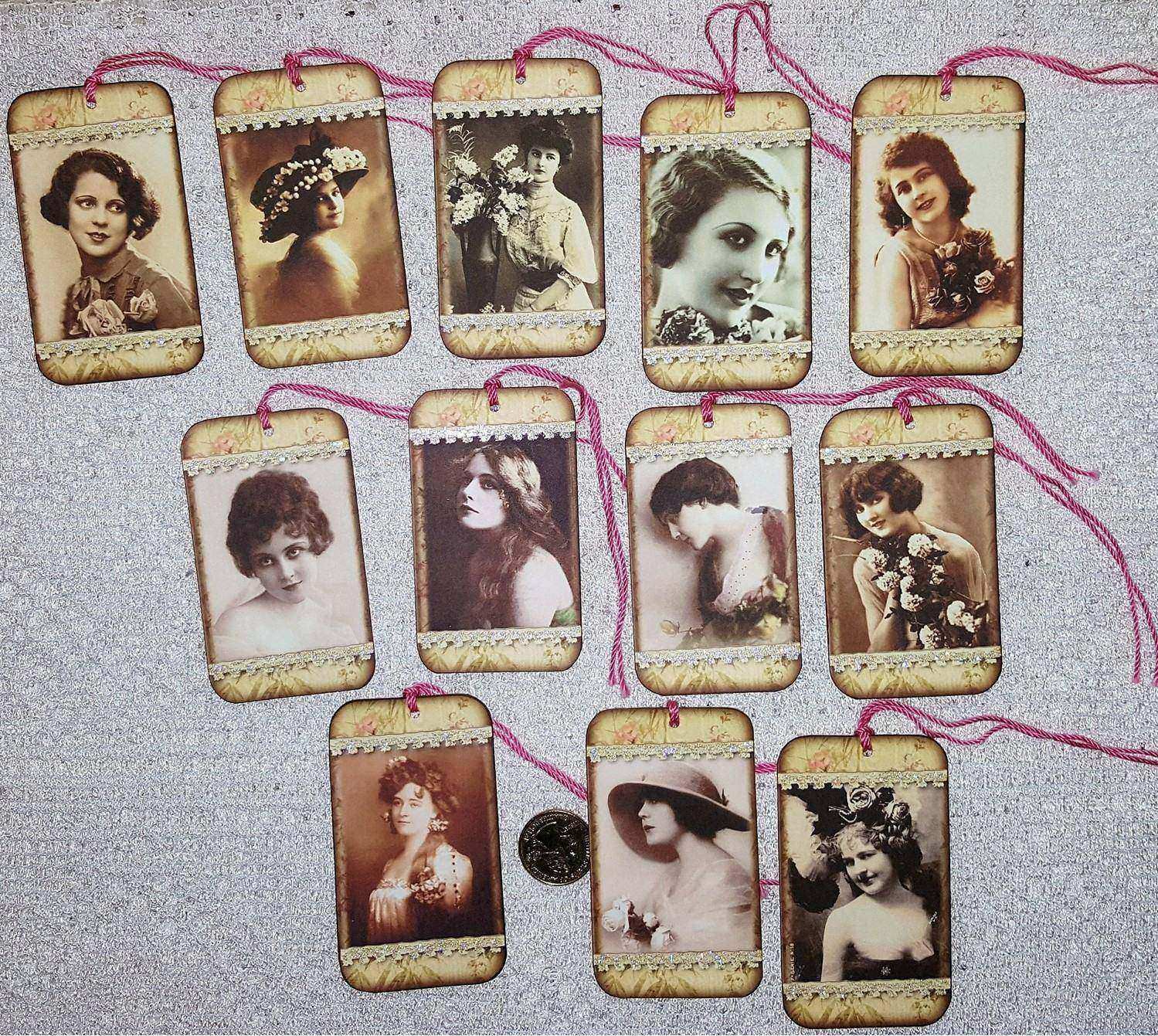 12-Vintage~Ladies~Ephemera~Glitter~Fussy Cut~Linen Cardstock~Gift~Hang~Tags