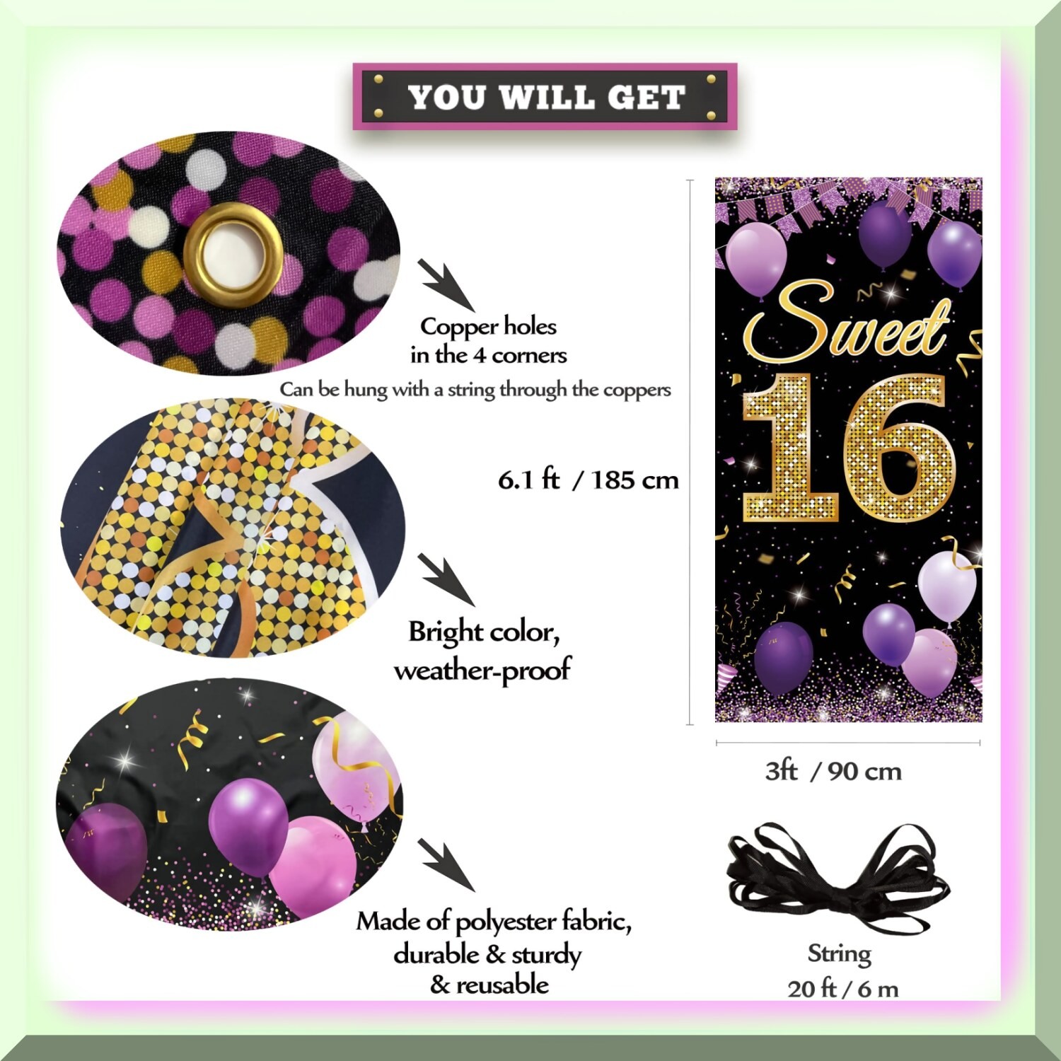 Purple Gold Sweet 16 Celebration Kit with Banner and Props