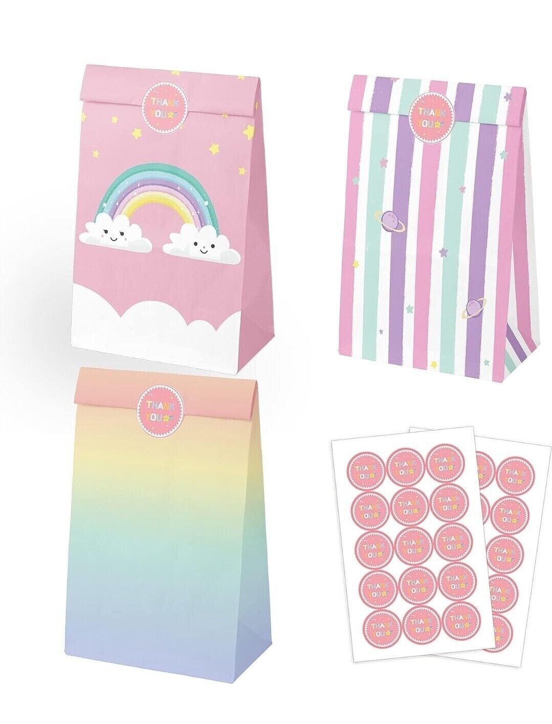 Rainbow Party Favors Candy Treat Gift Bags with Thank You Stickers