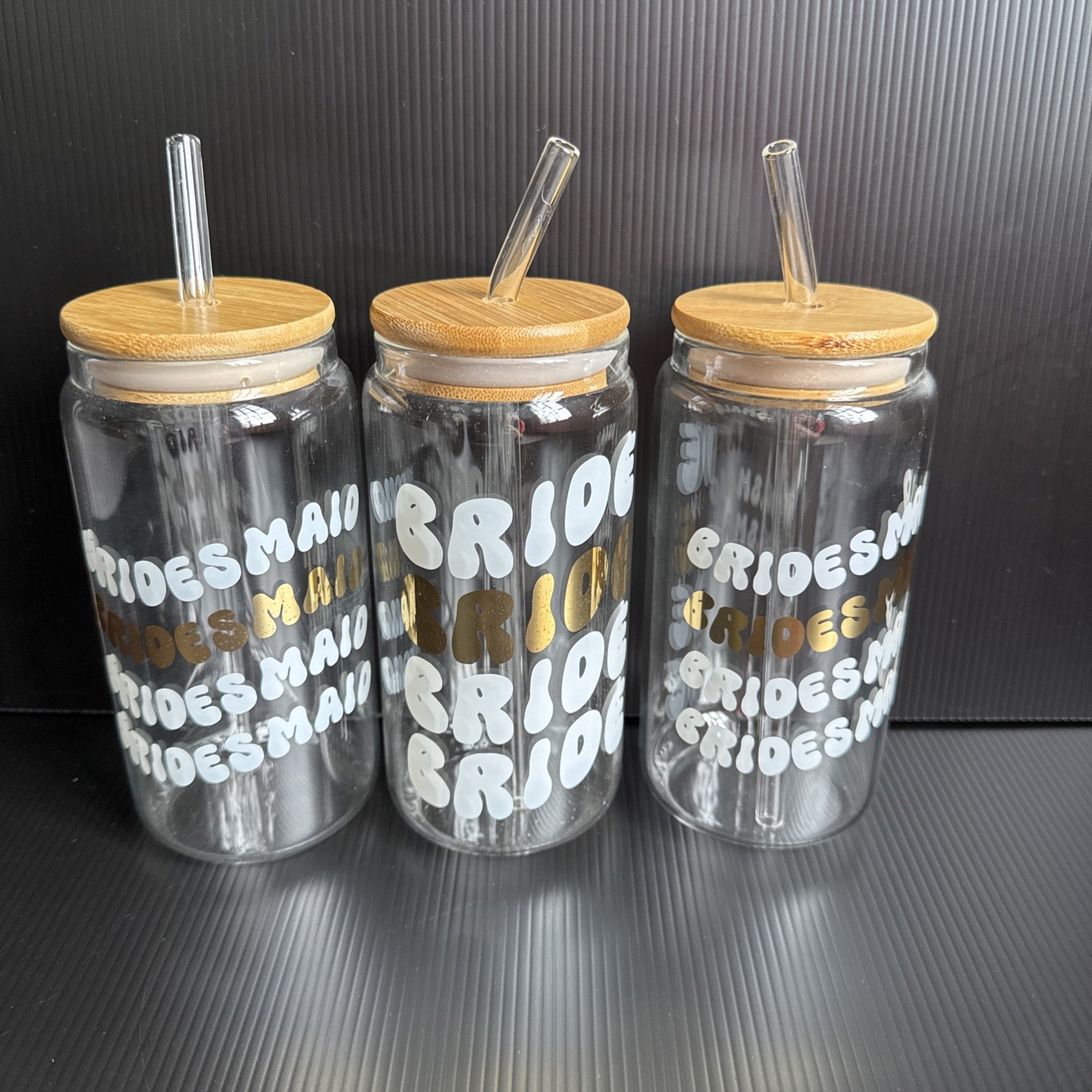 New Set of 6 Bride & Bridesmaid Glass Cups & Straws w/ Wooden Lids Team Bride
