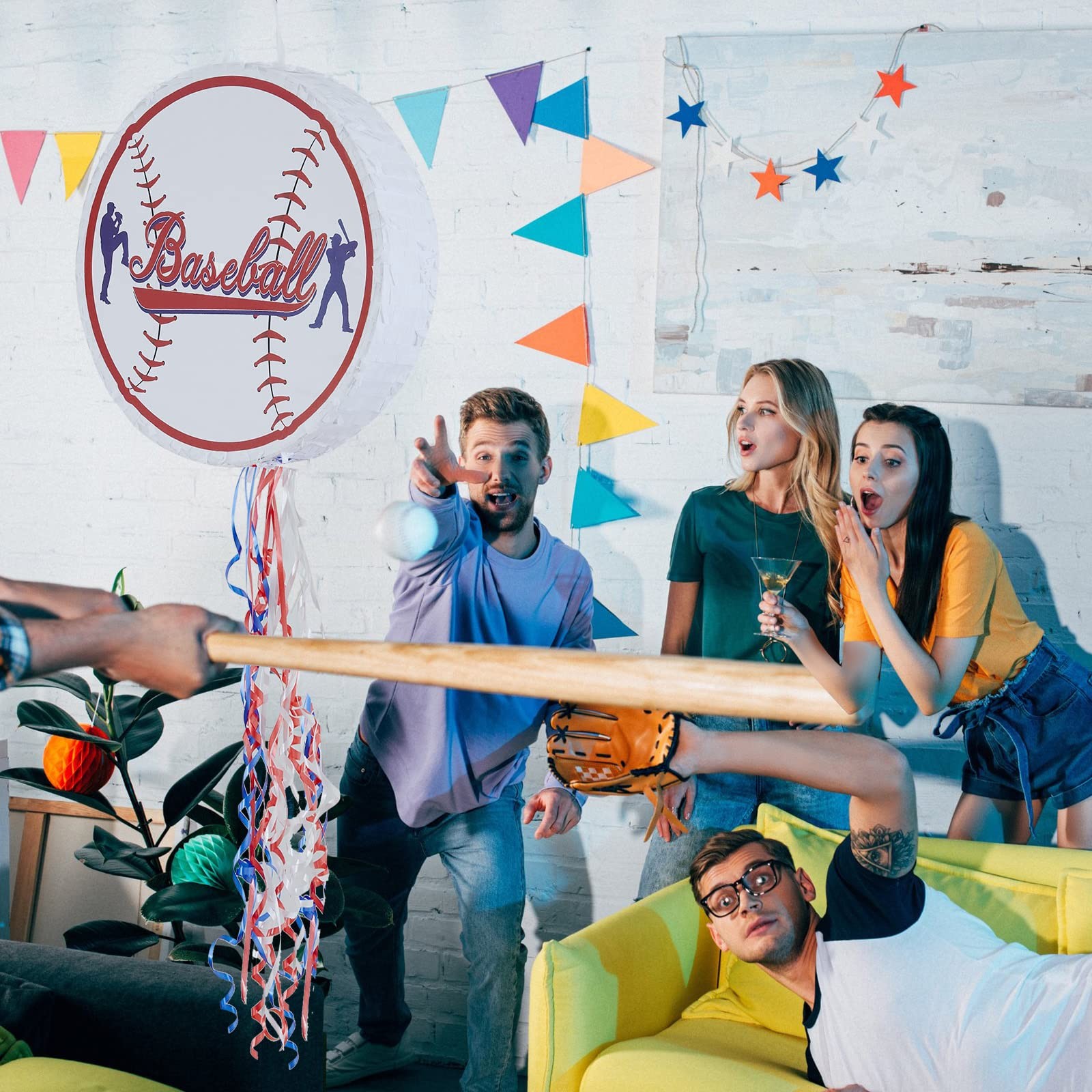 Baseball Piñata Set w/ Stick, Blindfold, Confetti – Birthday Party Game