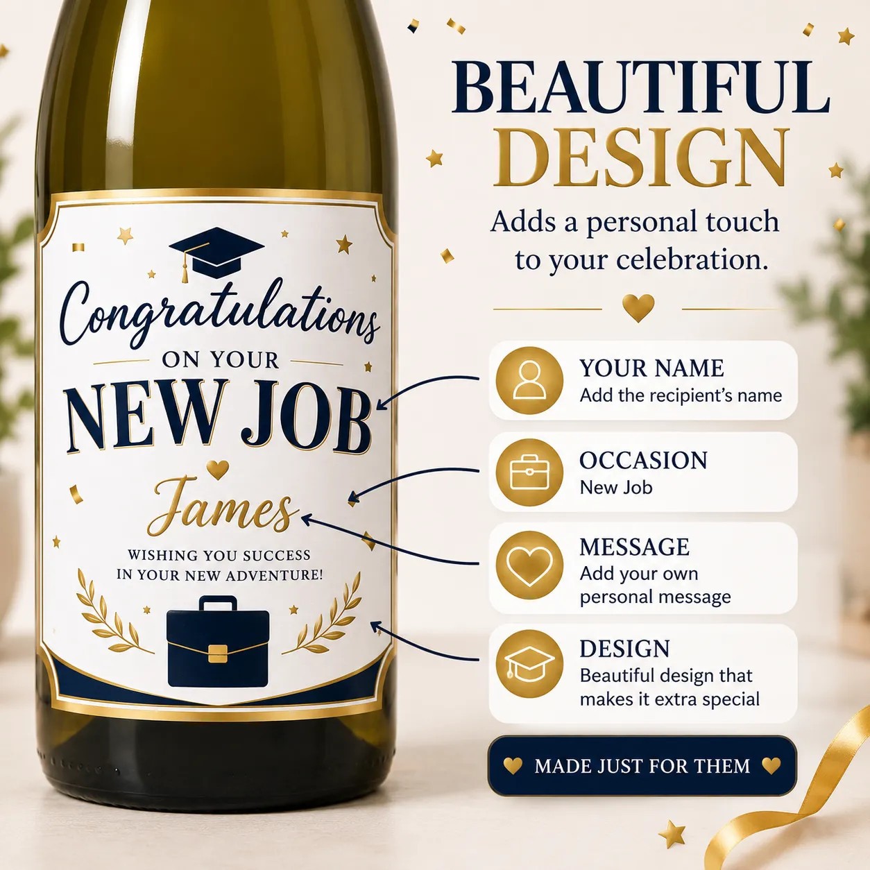 Personalised New Job Bottle Label Sticker Custom Congratulations Wine Gift