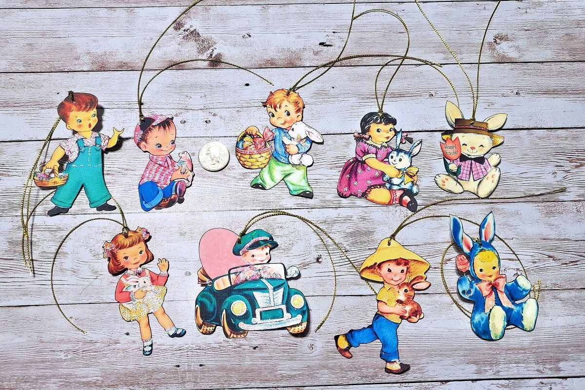 9~Easter~Retro~Vintage~Kids~Fussy Cut~Linen Cardstock~Gift~Hang~Tags