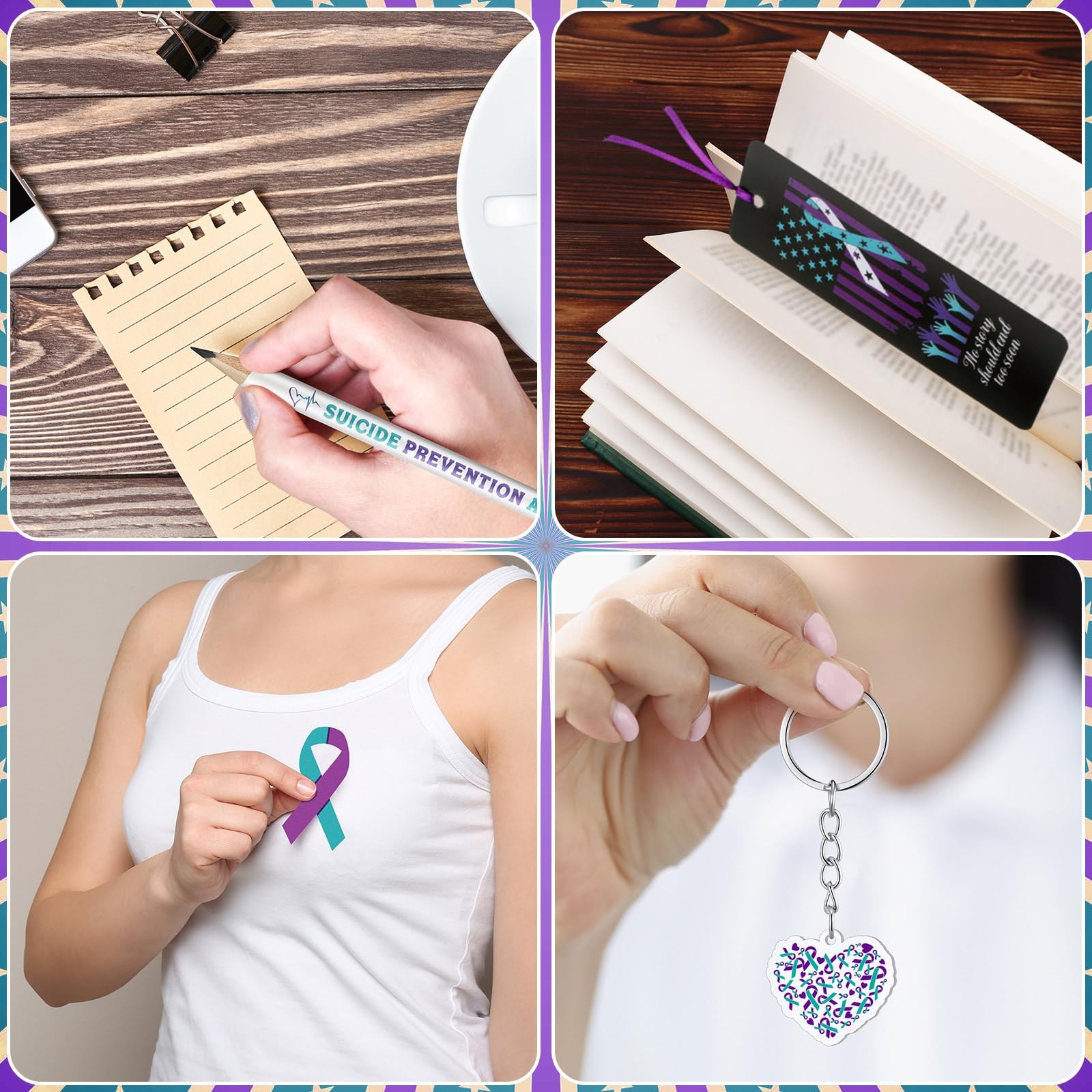 24 Sets Suicide Prevention Awareness Items Include Purple Teal Ribbon Silicon…
