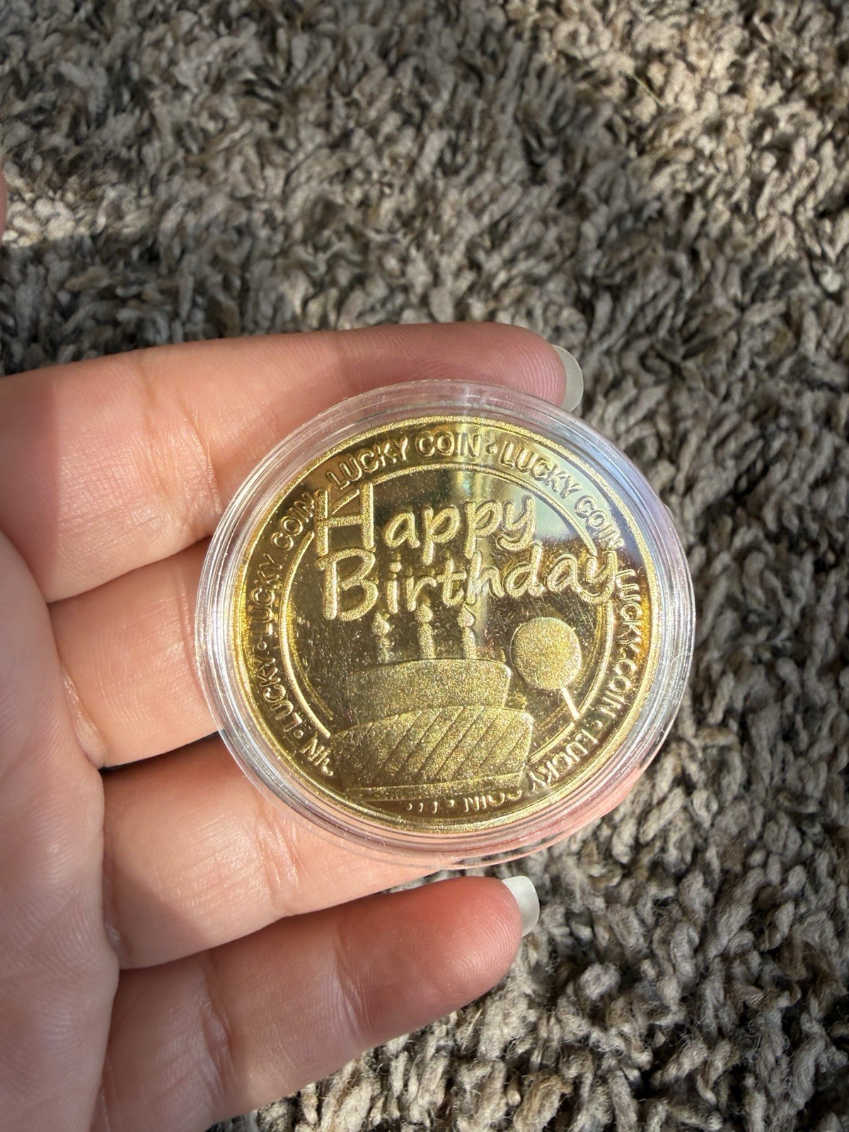 Happy Birthday Dollar Size Lucky Coin Capsuled Gold Colored