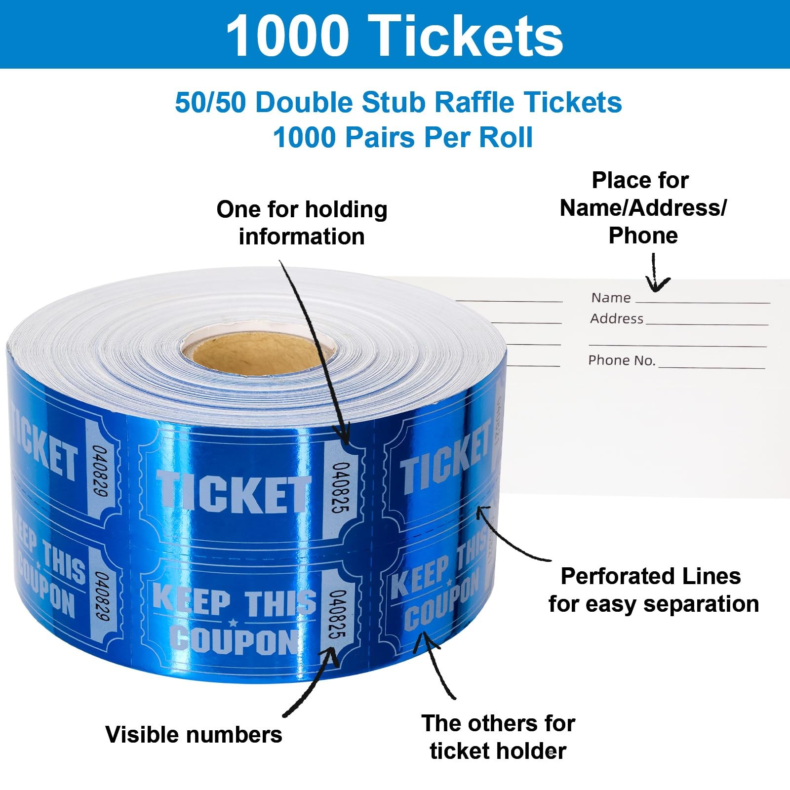 1000 Raffle Tickets Double Roll Metallic Blue Foil Ticket for Events Carnivals E