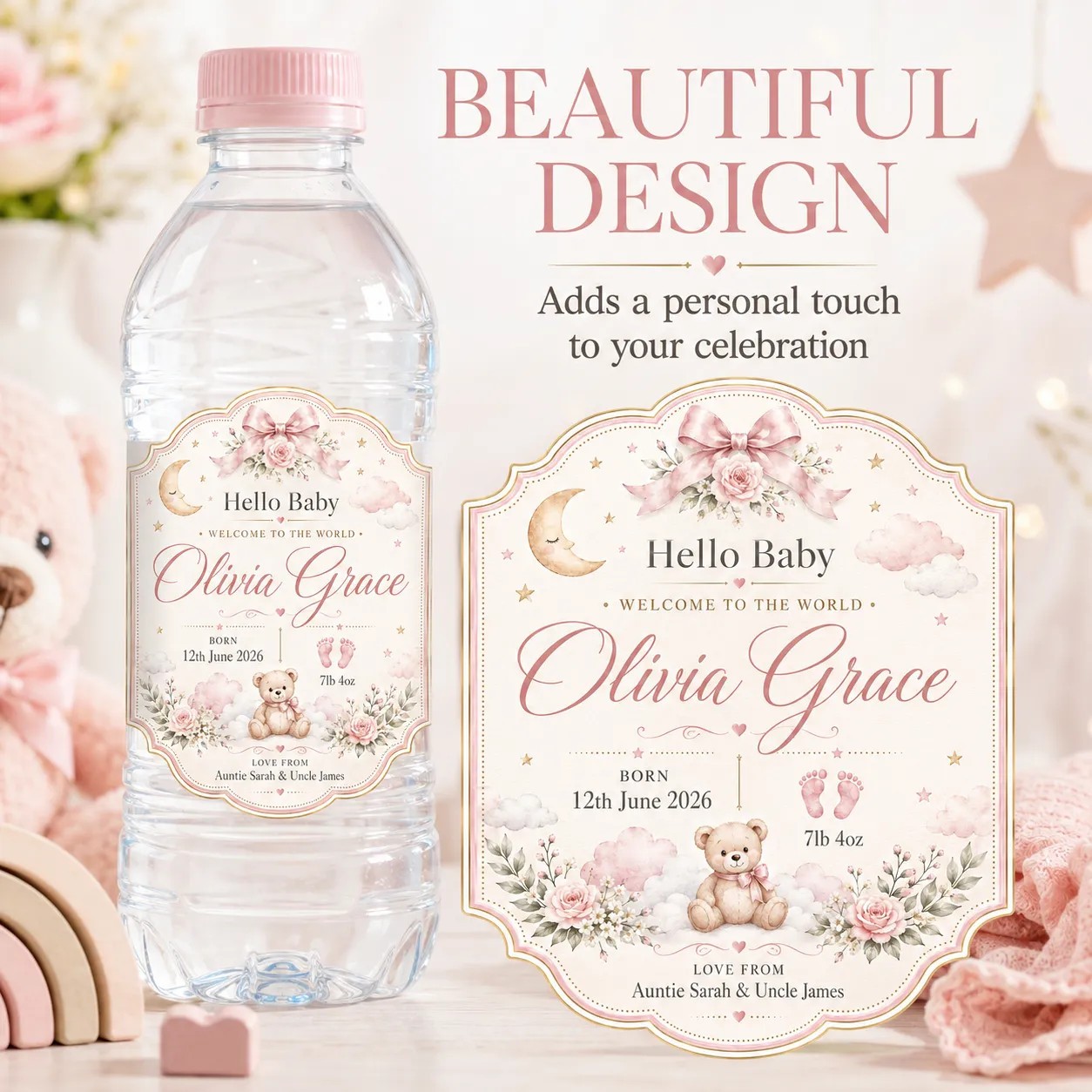 Personalised New Baby Bottle Label Sticker Custom Baby Girl Gift Keepsake