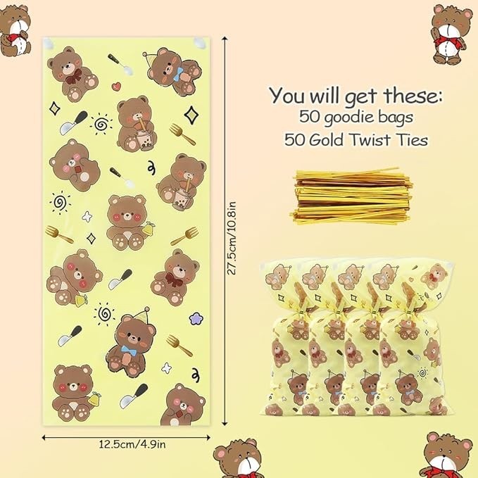 50pcs Bear Cellophane Treat Bags Yellow Cartoon Party Favor Bags Baby Shower