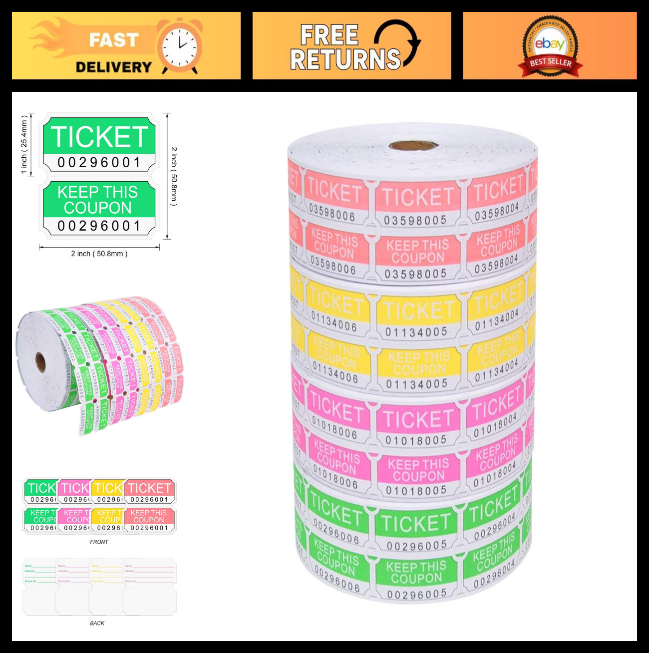 8000 Raffle Tickets Rolls – 50/50 Consecutive Number Tickets for Events, Parties