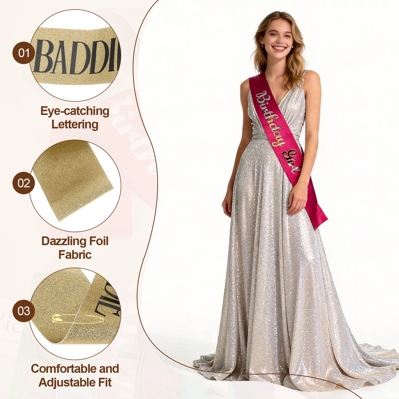 Birthday Baddie Sash with Pin Black Lettering for Party, Gold