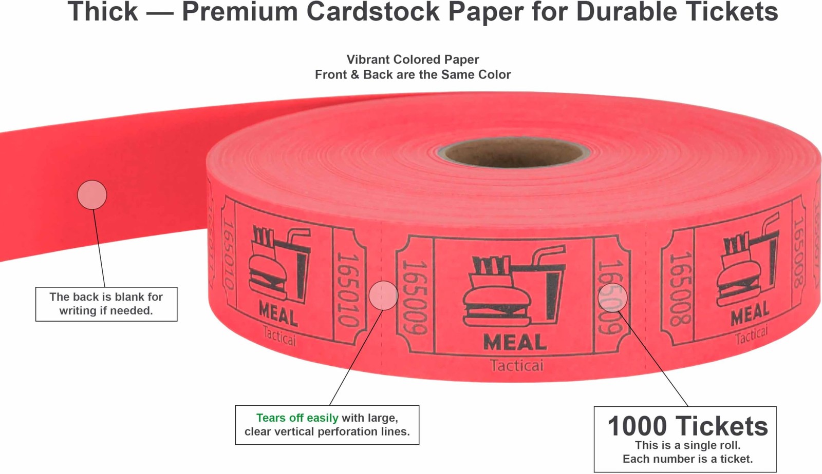 1000 Raffle Tickets, Meal, Red (1 of 8 Colors), Single Roll, Ticket for Event…