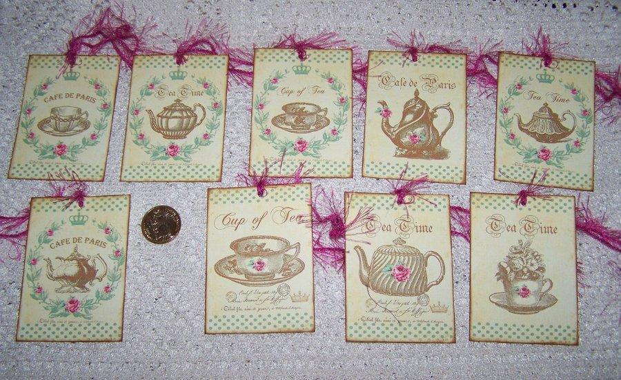 9-Vintage-Café De Paris-Tea Time-Shabby Chic-Linen Cardstock-Gift-Hang-Tags