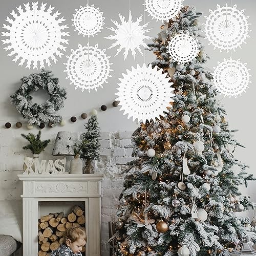 9 Pcs White Paper Snowflake Decorations Frozen Birthday Party Supplies Winter
