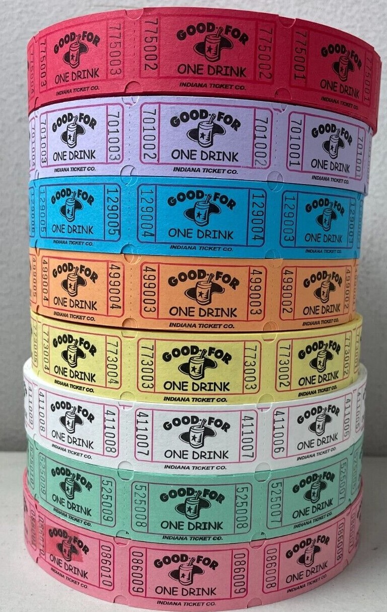 Good for One Drink Single Stub Tickets Roll 2000 Choose From 8 Colors Carnival