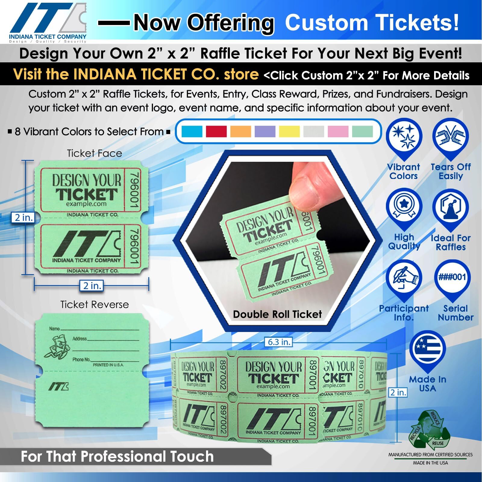 Indiana Ticket Co Jumbo 2000 Yellow Raffle Tickets Double Stub 50 50 Drawings