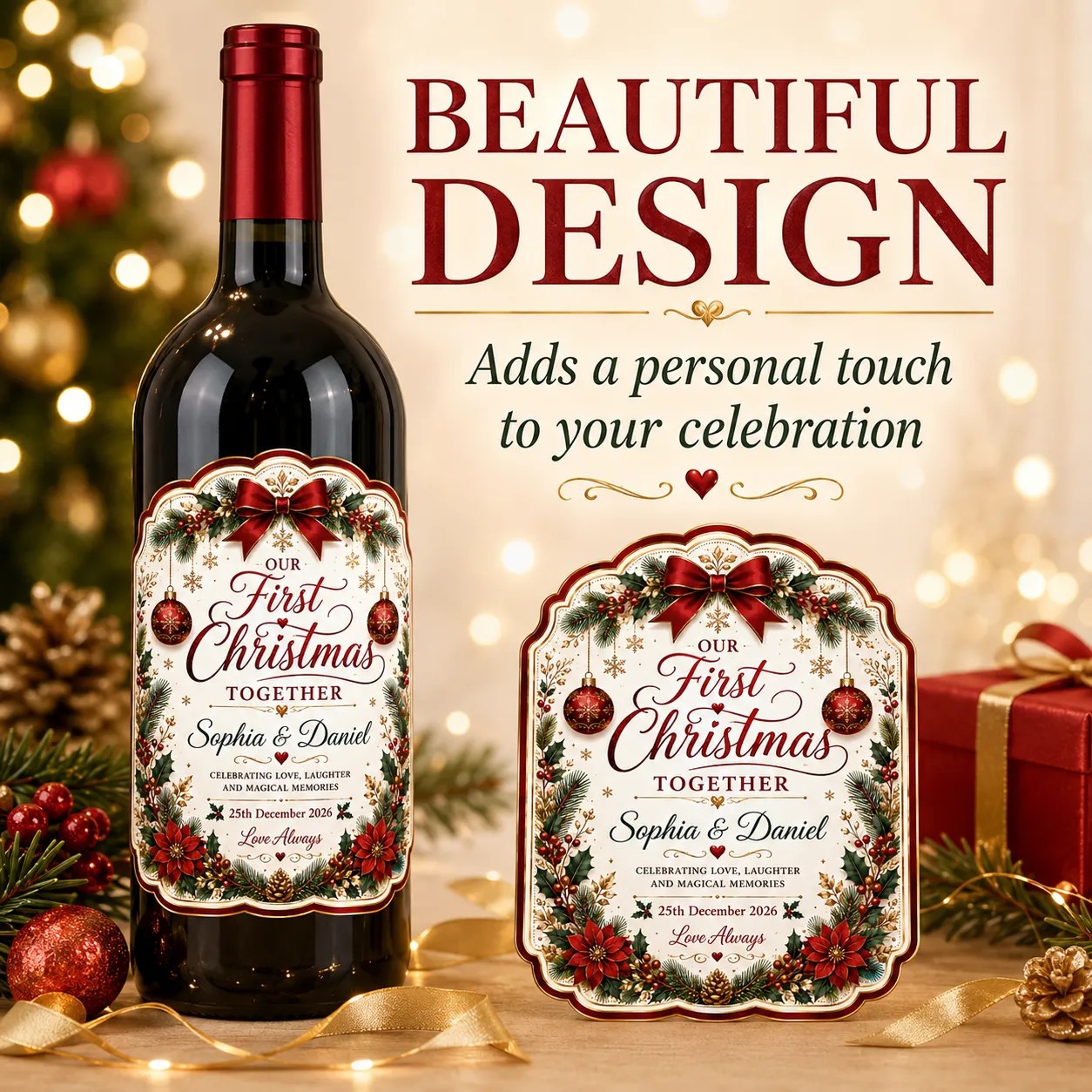 Personalised First Christmas Together Bottle Label Sticker Custom Wine Gift