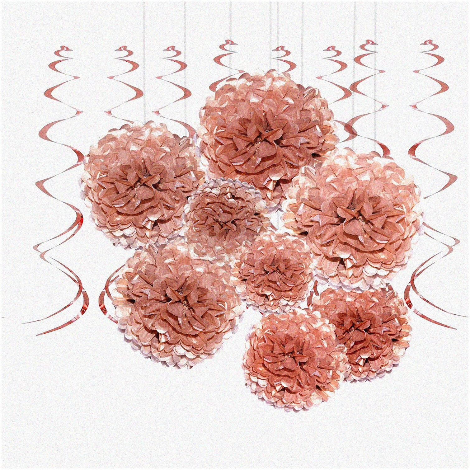 Rose Gold Celebration Decorations Kit with Swirls Pom Poms