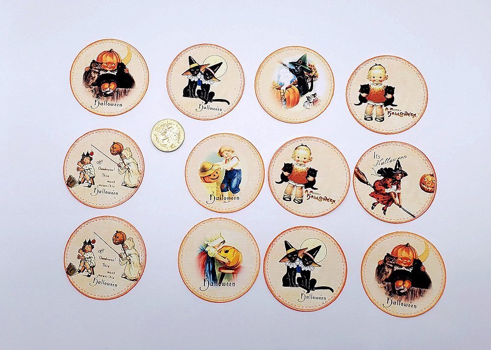 12-Halloween-Vintage Style-Circle-Party-Journals-Linen Cardstock-Labels-Stickers