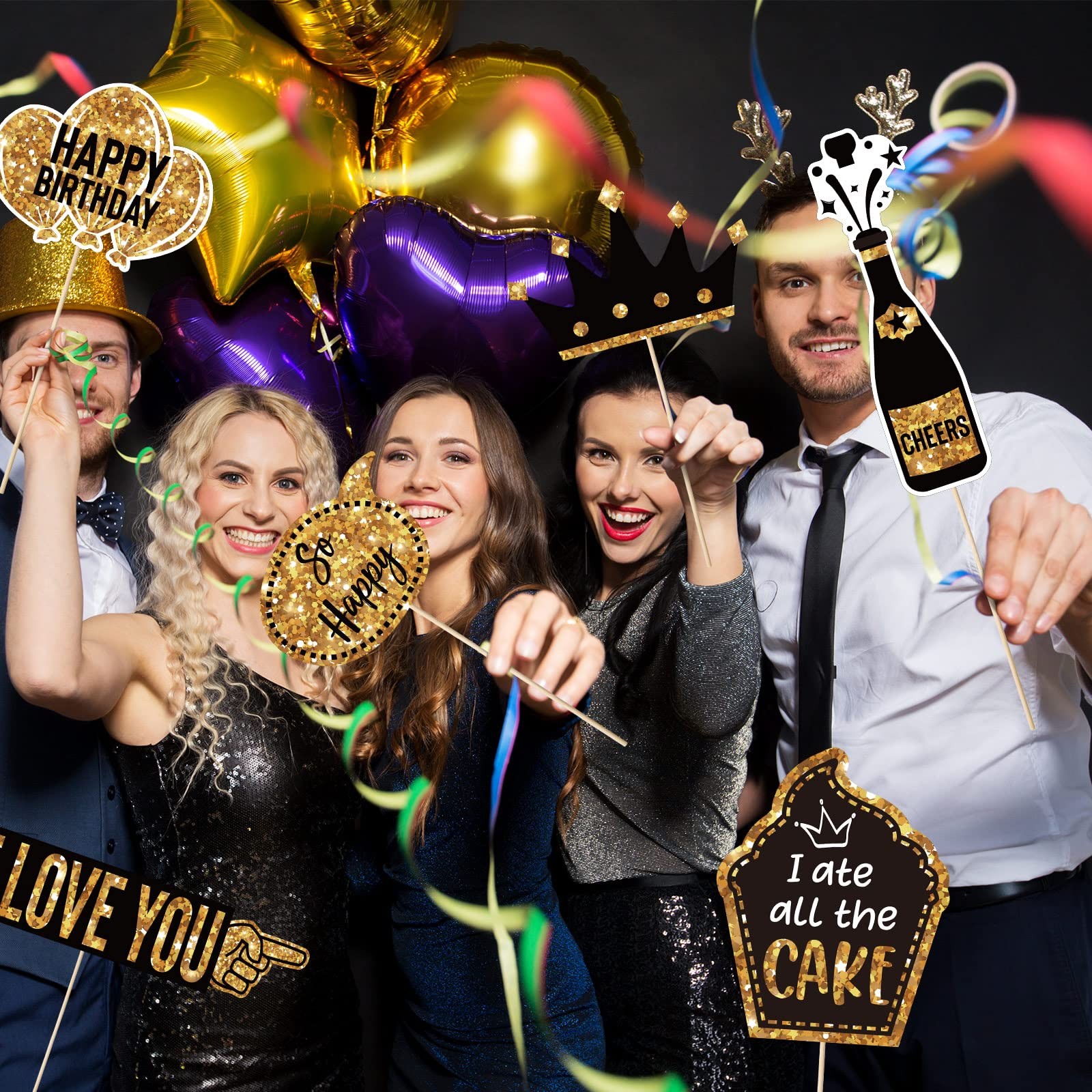 Outus 36 Pcs Birthday Photo Booth Props Kit Happy Gold and Black