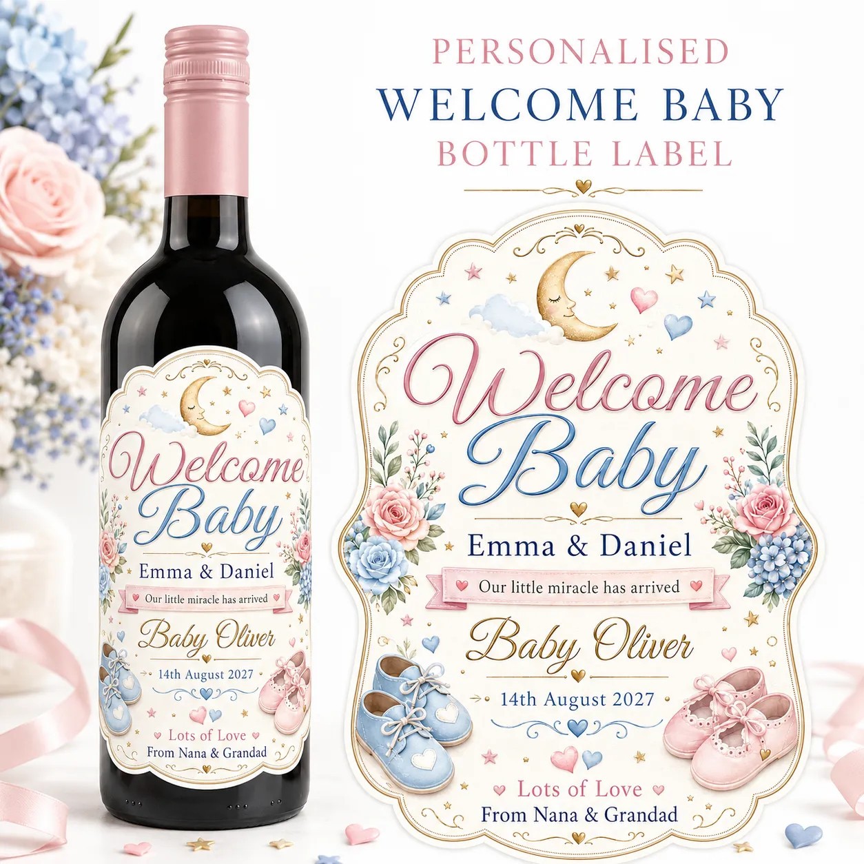 Personalised New Baby Bottle Label Sticker Custom Wine Gift Baby Arrival