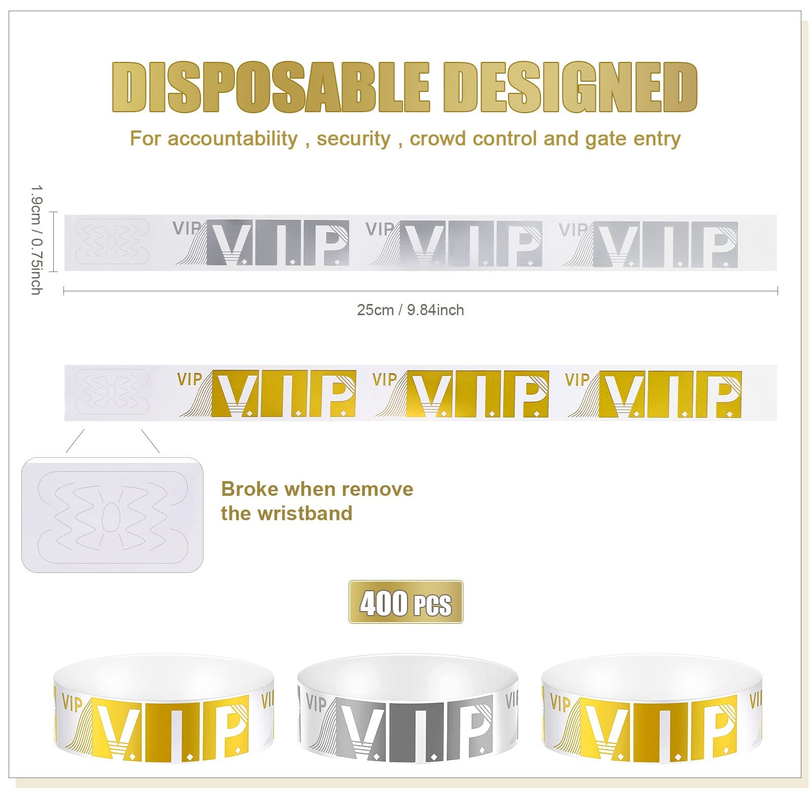 400 Pcs VIP Wristbands for Events Waterproof 9.84 x 0.75 inch, Silver, Gold