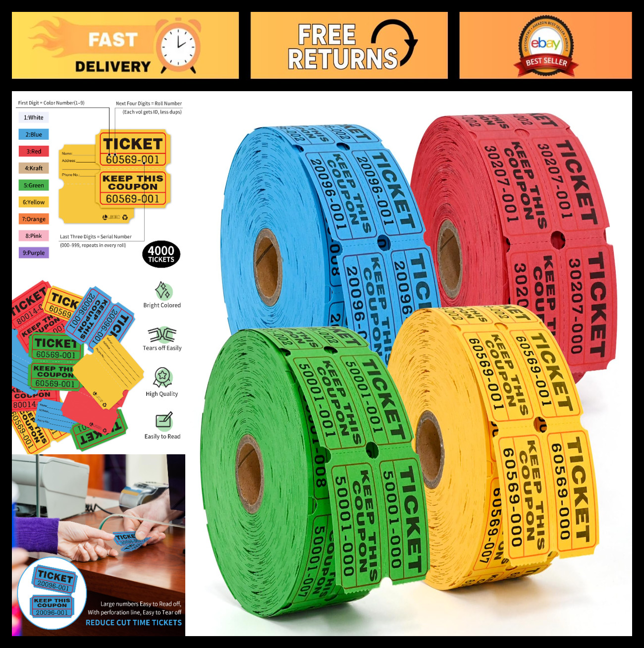 4000 Double Raffle Tickets – 4 Colors (Blue, Yellow, Red, Green) for Events & Fu