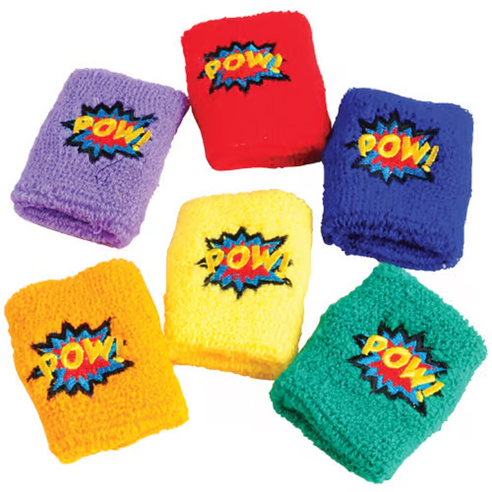 Superhero Pow! Wristbands (12 Pack) Fabric in assorted Colors.