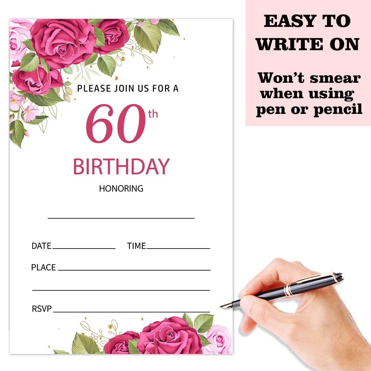 Nopoben 60th Rose Floral Birthday Invitation 4″W x 6″L, Floral-60th