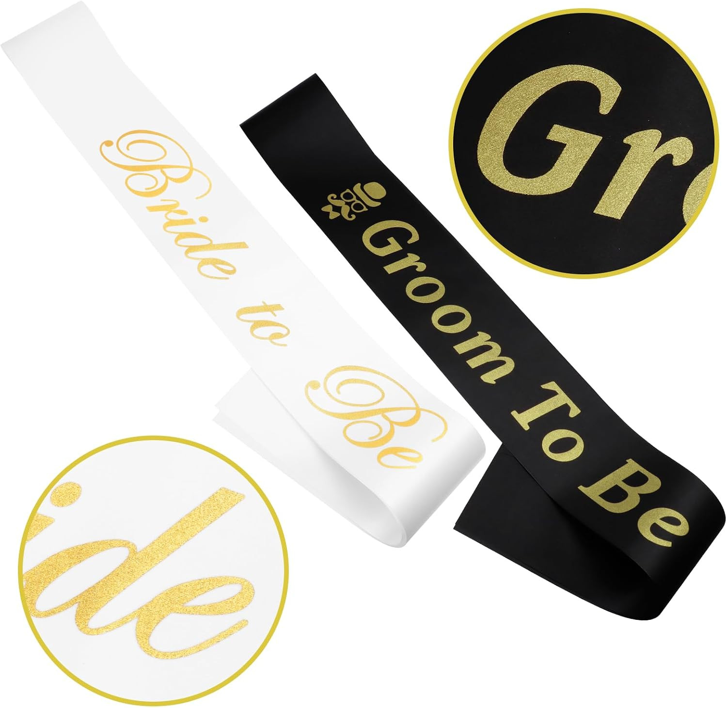 2 Pack Bride to Be and Groom to Be Sash with Gold Foil Lettering, Satin