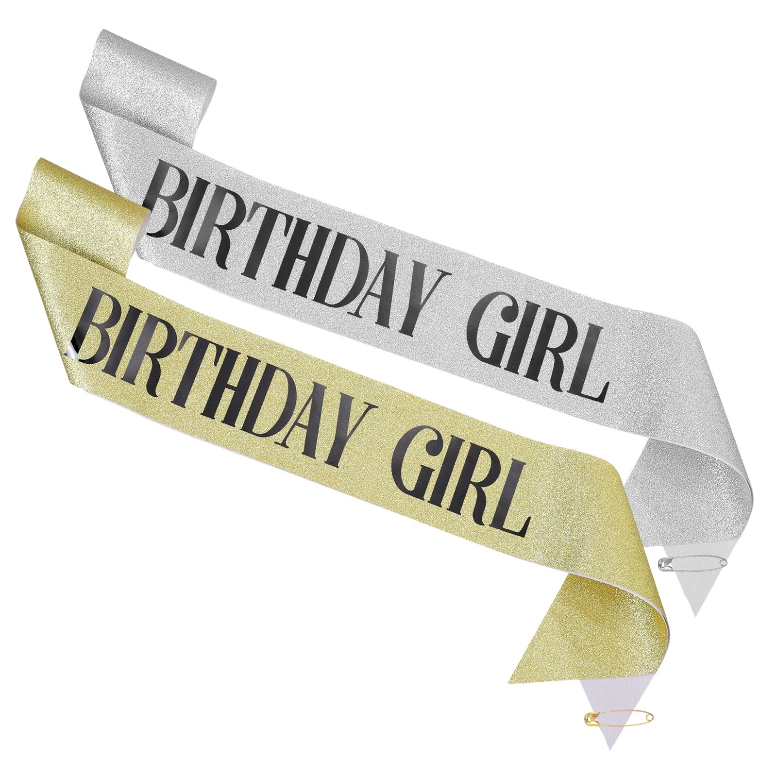 2-Pack Birthday Sash, Sequined Fabric Birthday Gift [Black Text, Silver Gold]