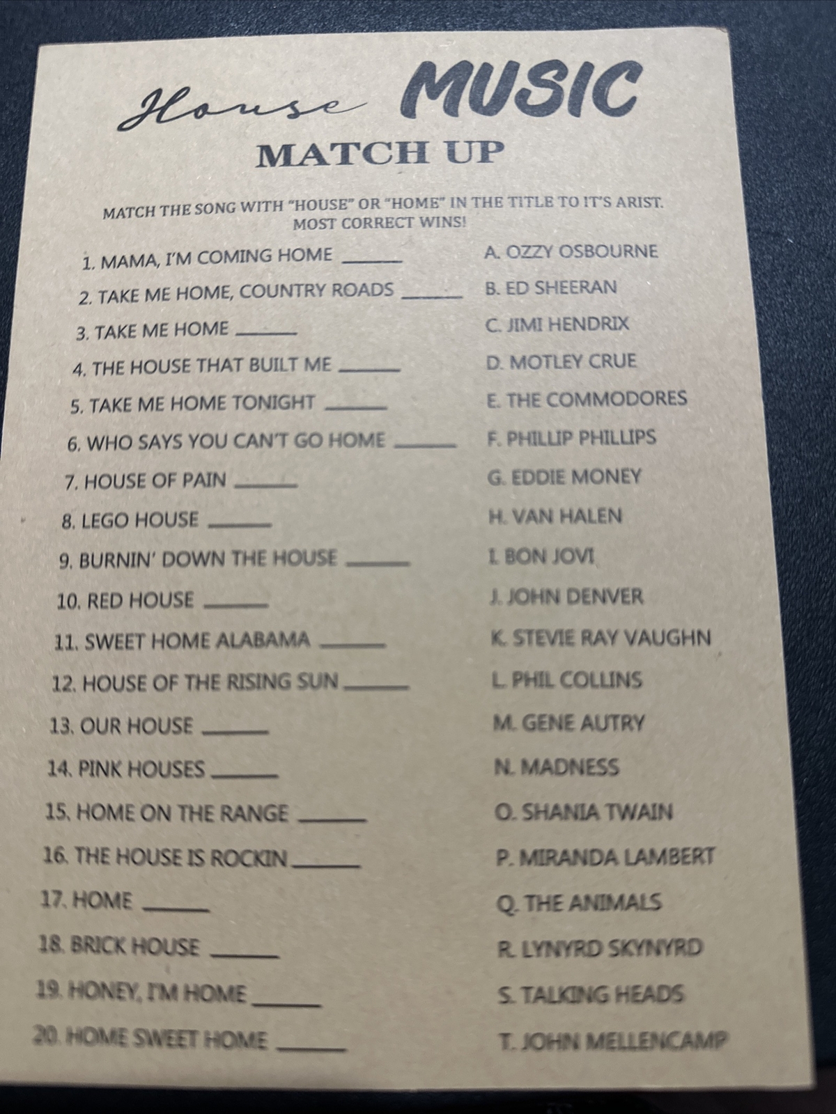 Pack Of 20 House Music Match Up Game Cards
