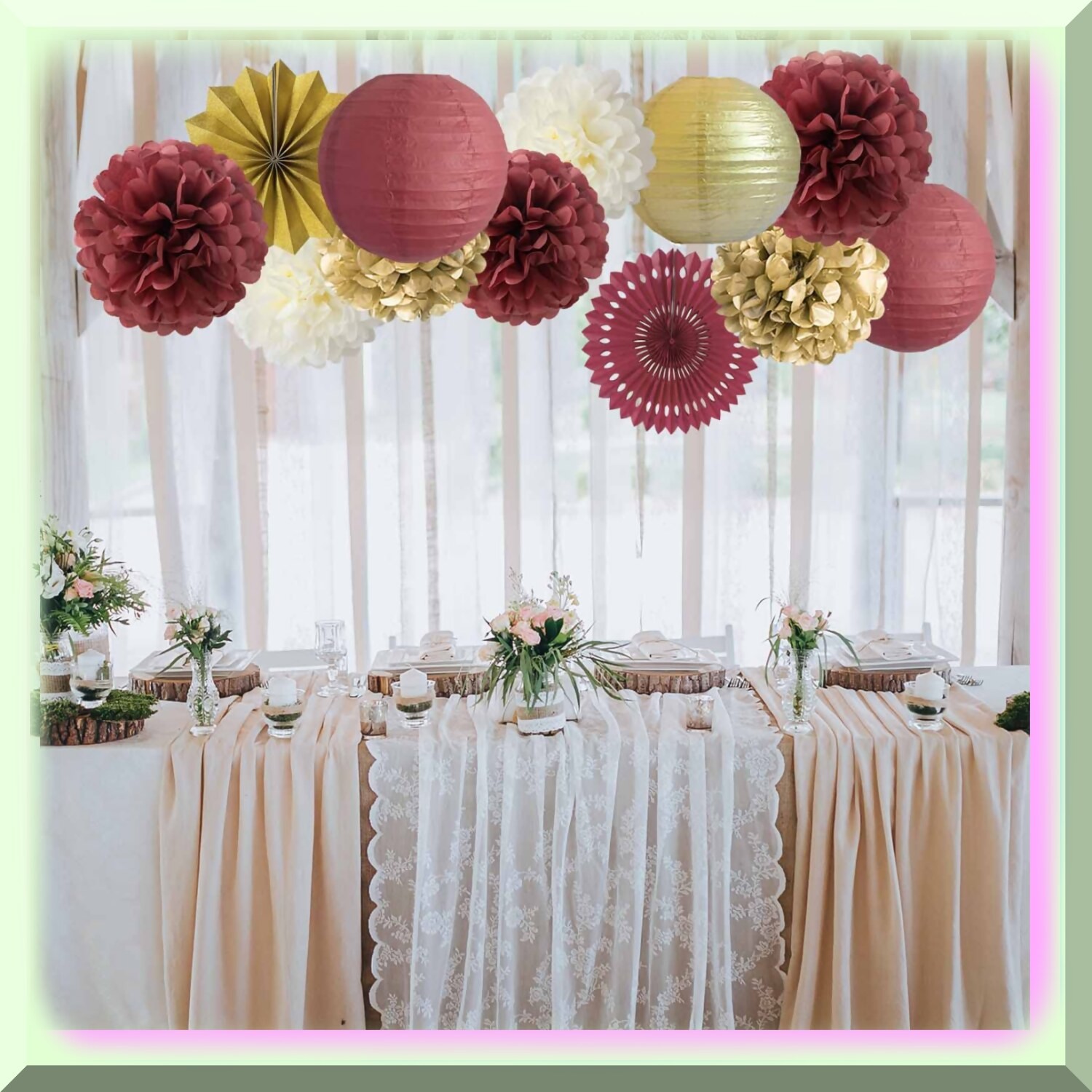 Maroon Wine Party Decorations Tissue Paper Pom Poms Lanterns Fans