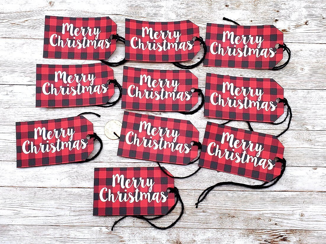 10-Christmas-Farmhouse-Buffalo Check-Lumberjack-Linen Cardstock-Gift-Hang-Tags