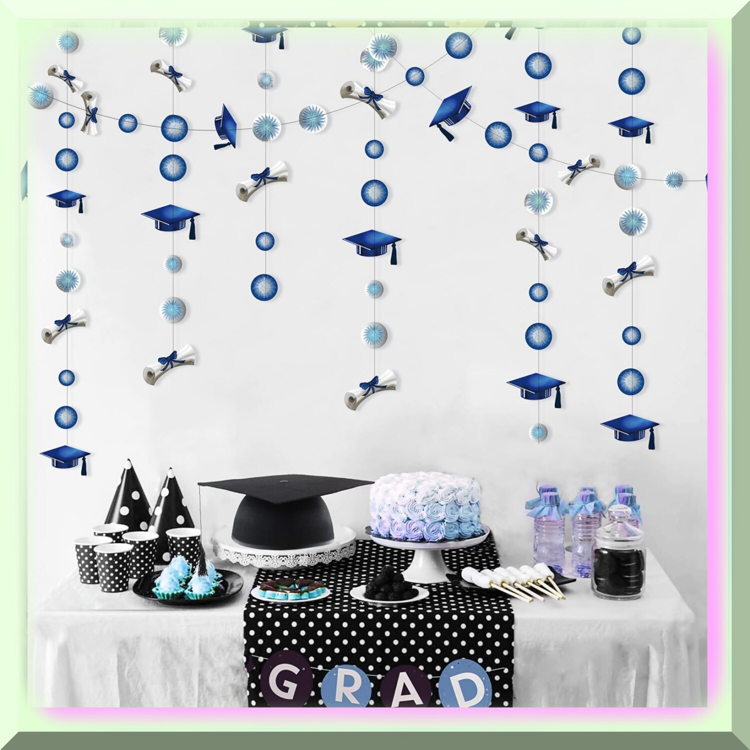 Blue Graduation Garland Set with Caps Diplomas and Fireworks